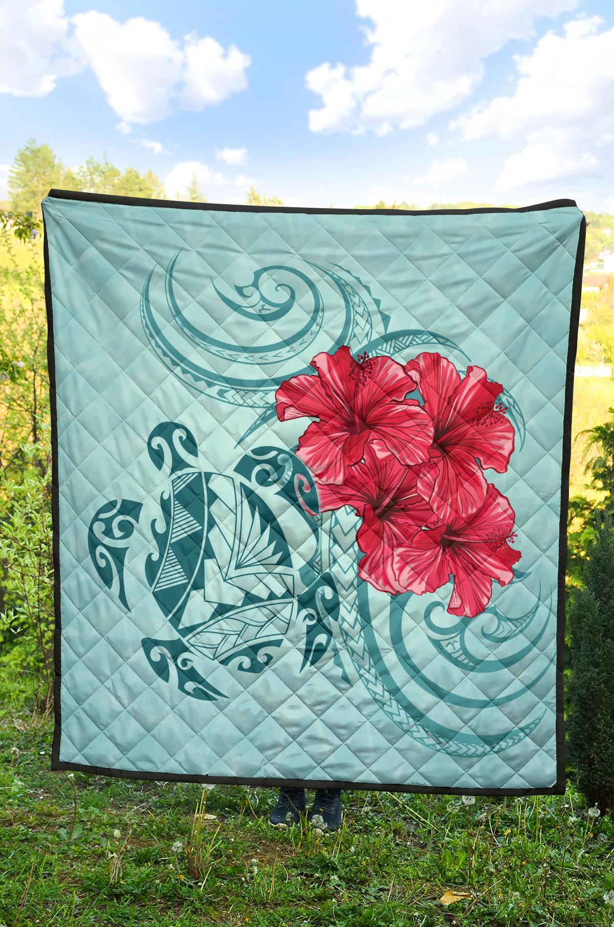 Hawaii Polynesian Turtle Hibiscus Blue Premium Quilt - Bless Style - Polynesian Pride