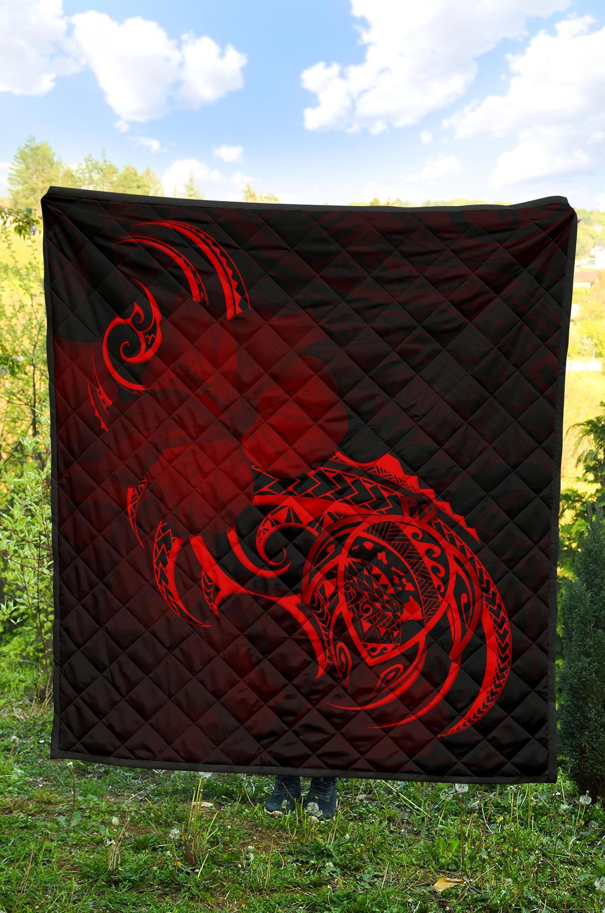 Hawaii Map Turtle Hibiscus Divise Red Polynesian Premium Quilt - Polynesian Pride