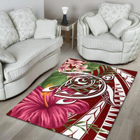 Hawaii Polynesian Turtle Tropical Hibiscus Plumeria Rug - Red - Polynesian Pride