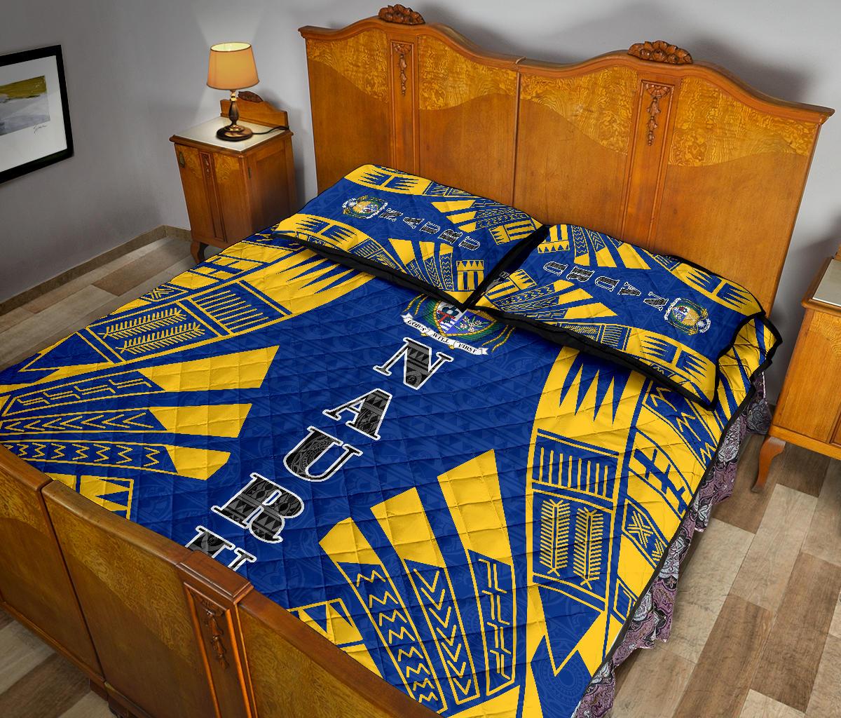 Nauru Quilt Bed Set - Nauru Coat Of Arms & Polynesian Yellow Tattoo Style - Polynesian Pride