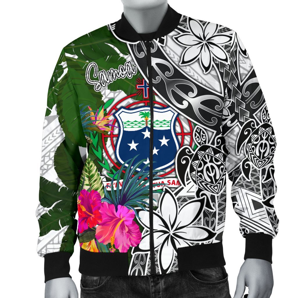 Samoa Men's Bomber Jacket White - Turtle Plumeria Banana Leaf - Polynesian Pride