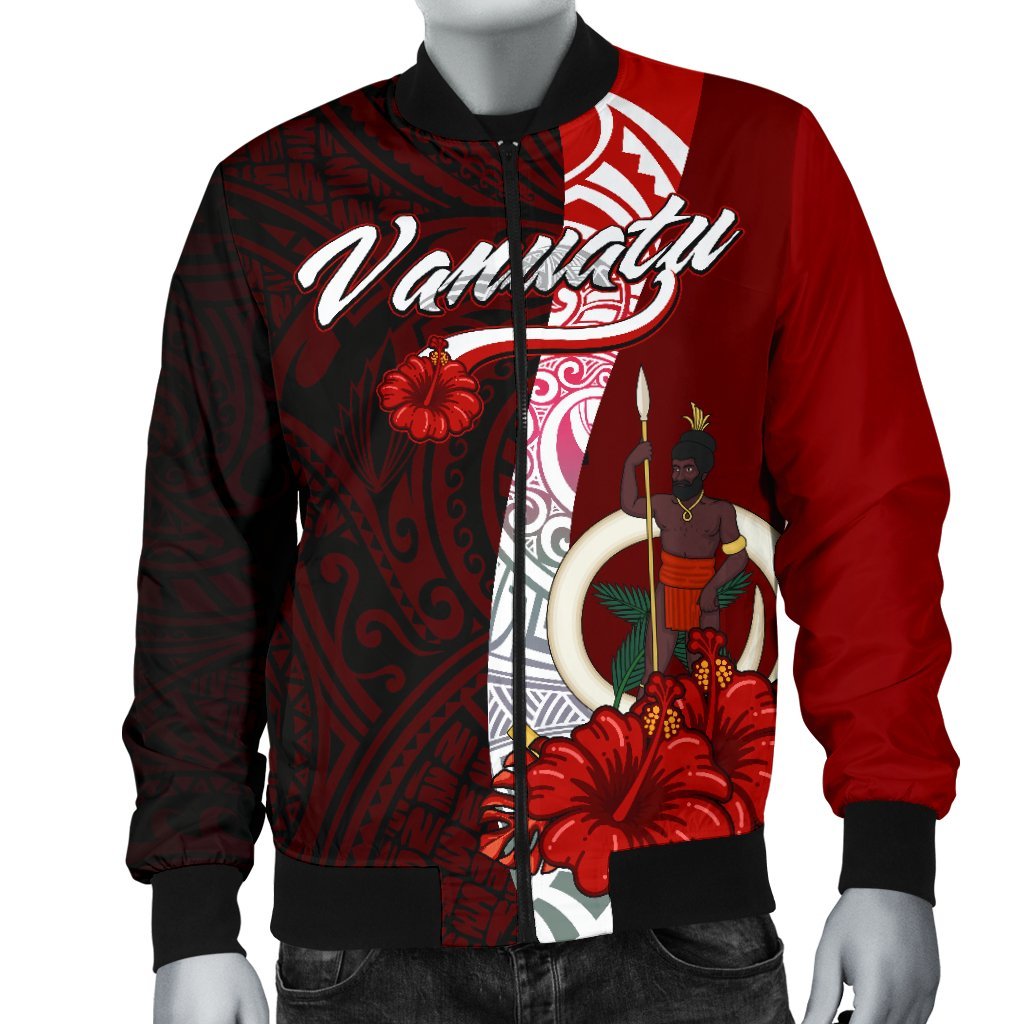 Vanuatu Polynesian Men's Bomber Jacket - Coat Of Arm With Hibiscus - Polynesian Pride