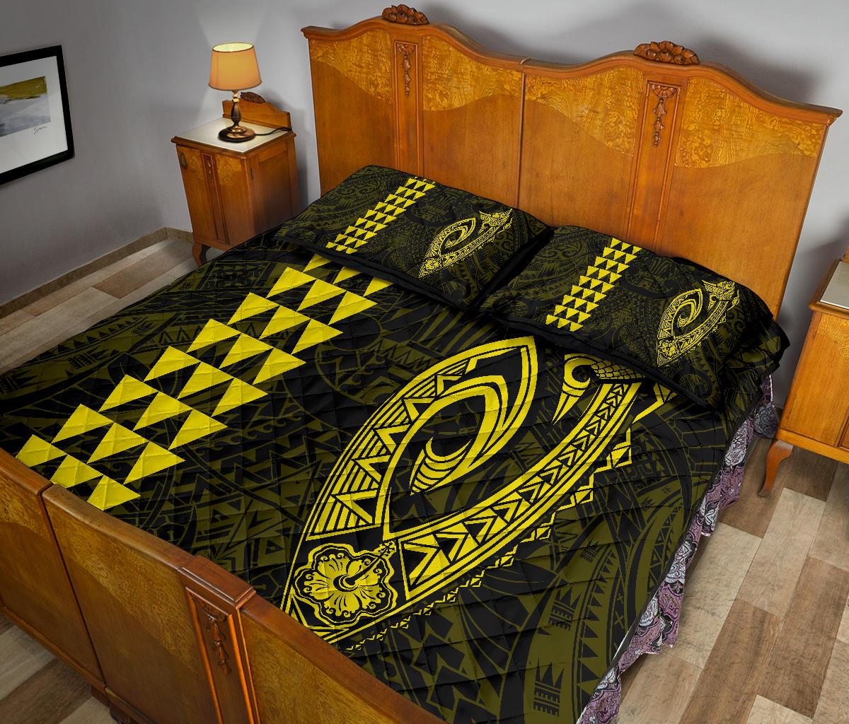 Hawaii Kakau Makau Fish Hook Polynesian Quilt Bed Set - Yellow - Polynesian Pride