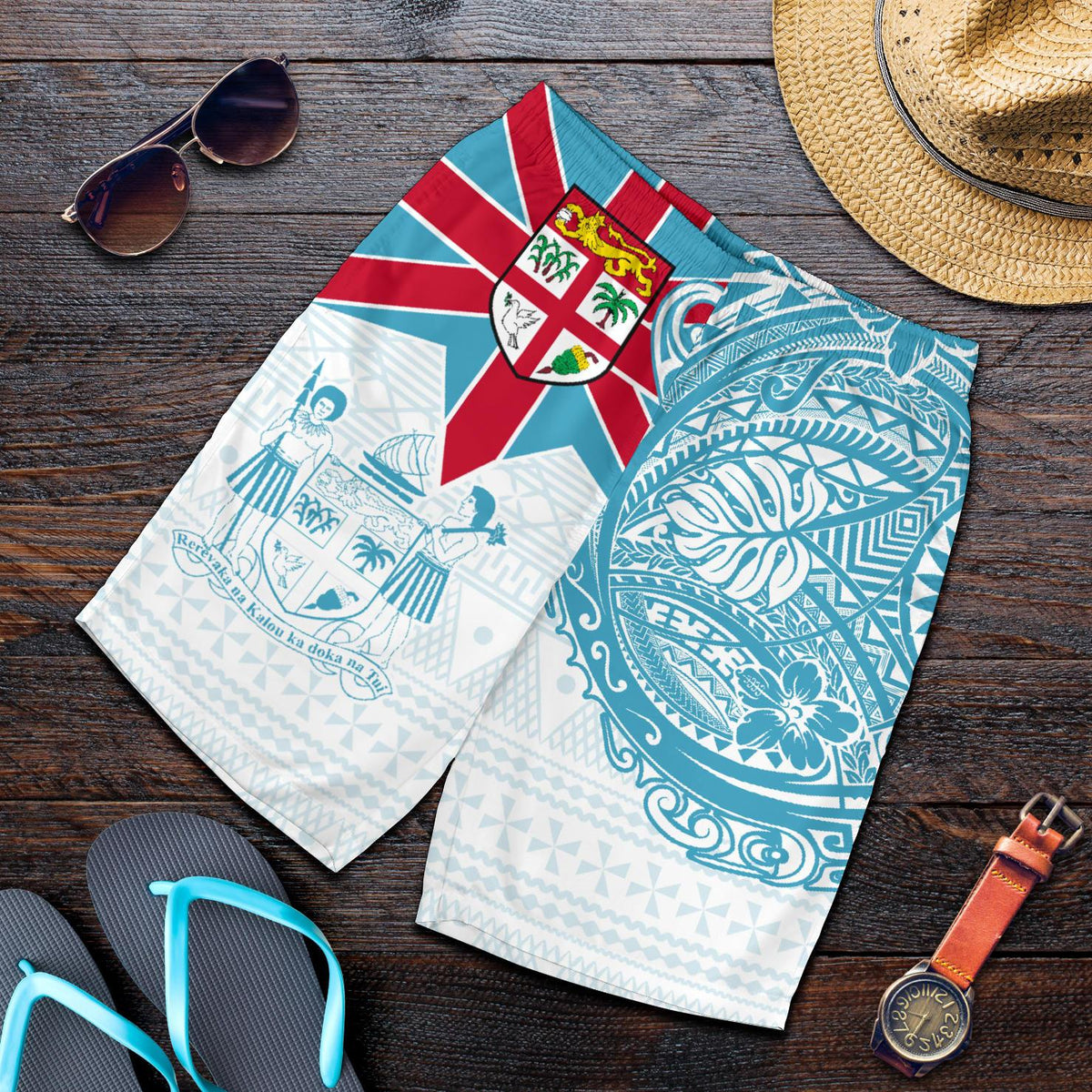 Fiji Polynesian Men's Short - Fiji Flag with Coat of Arms Blue - Polynesian Pride