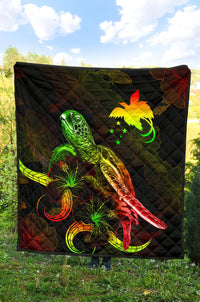 Papua New Guinea Polynesian Premium Quilt - Turtle With Blooming Hibiscus Reggae - Polynesian Pride