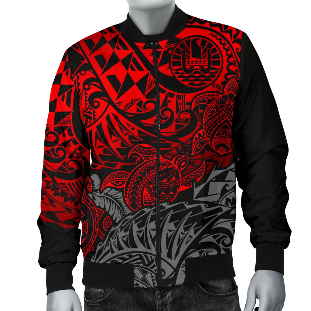 Tahiti Polynesian Men Bomber Jacket - Red Turtle Hibiscus Flowing RED - Polynesian Pride