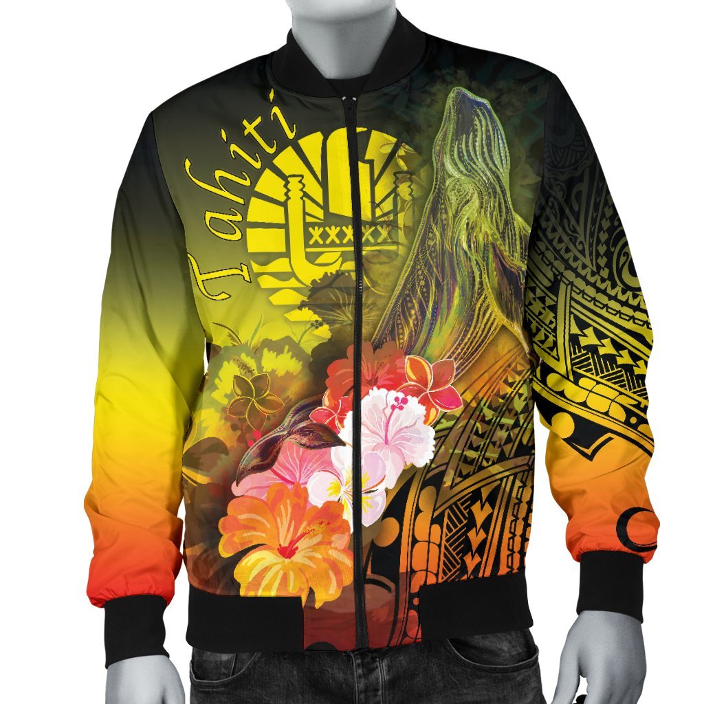 Tahiti Men's Bomber Jacket - Humpback Whale with Tropical Flowers (Yellow) - Polynesian Pride