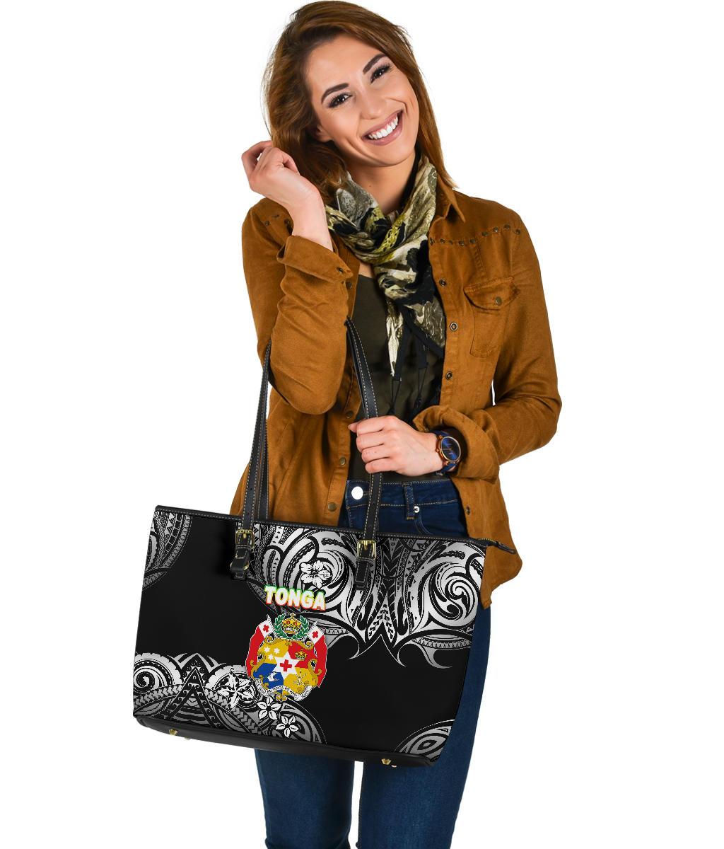 Mate Ma'a Tonga Rugby Large Leather Tote Polynesian Unique Vibes - Black - Polynesian Pride
