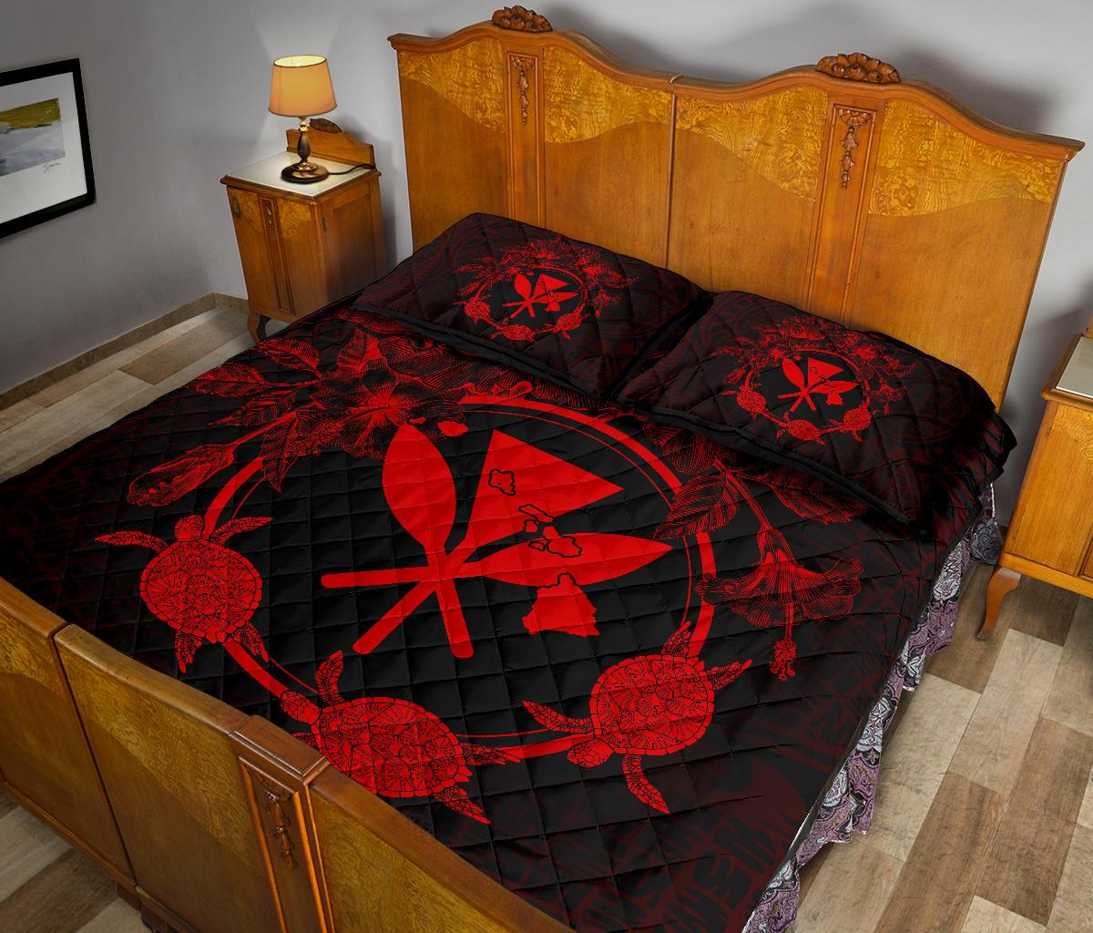 Hawaii Kanaka Turtle Hibiscus Polynesian Quilt Bed Set - Anthea Style Red - Polynesian Pride