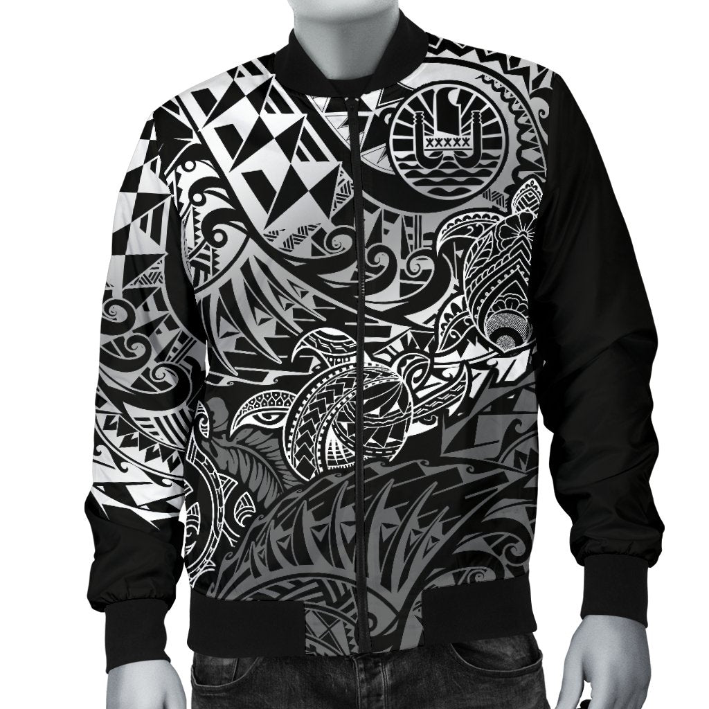 Tahiti Polynesian Men Bomber Jacket - White Turtle Hibiscus Flowing WHITE - Polynesian Pride