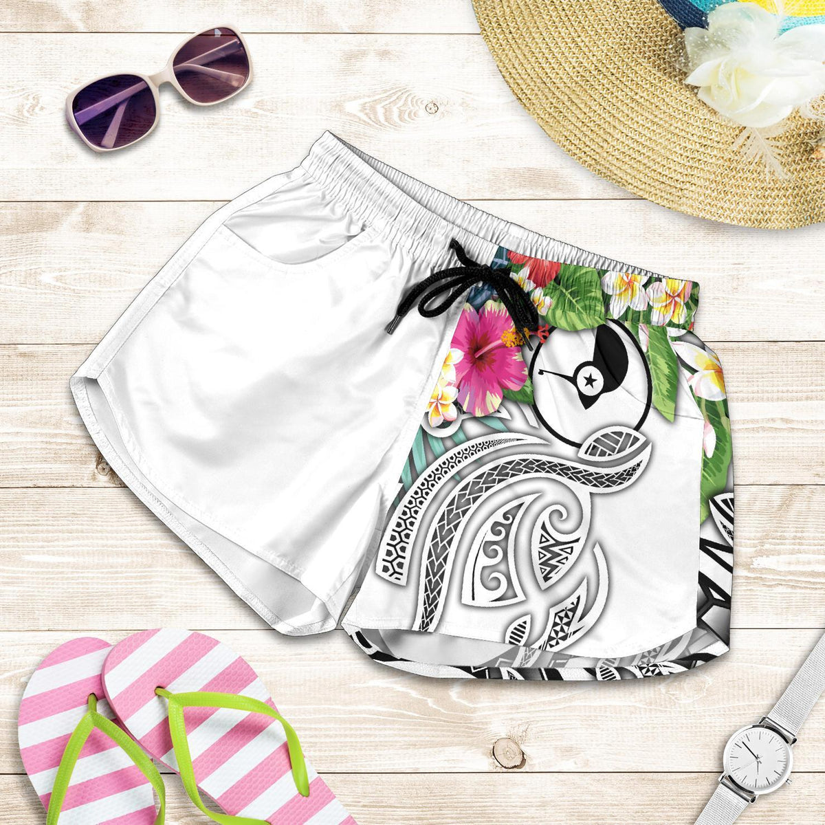 YAP Polynesian All Over Print Women's Shorts - Summer Plumeria (White) Women White - Polynesian Pride