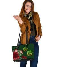 Hawaii Small Leather Tote - Turtle Hibiscus Pattern Hawaiian Small Leather Tote - Green - Polynesian Pride