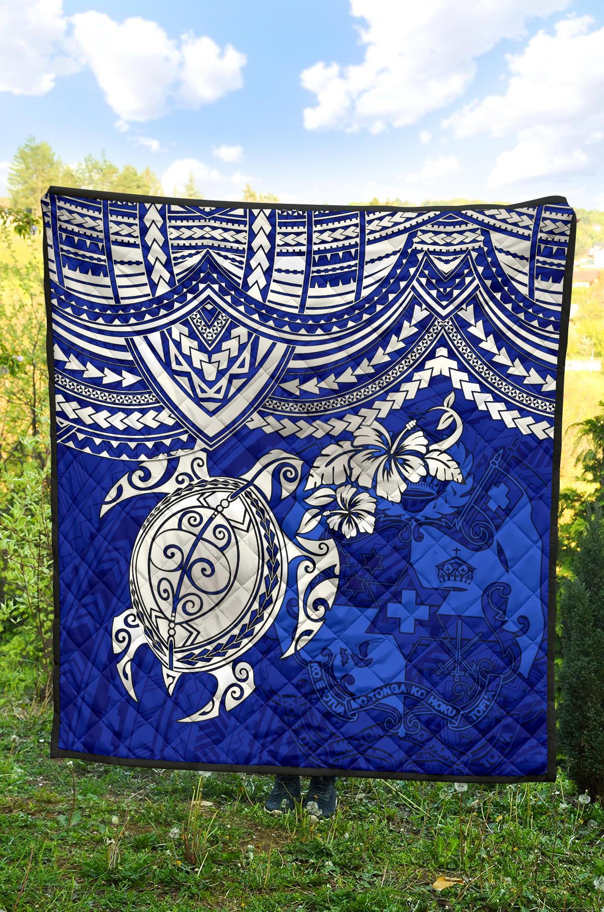 Tonga Polynesian Premium Quilts - Tonga Coat Of Arms & Blue Turtle Hibiscus - Polynesian Pride