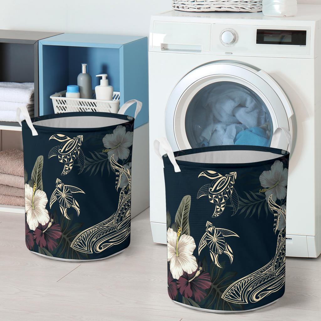Hawaii Tropical Hibiscus Turtle Shark Aumakua Laundry Basket Lucas Style Blue AH - Polynesian Pride