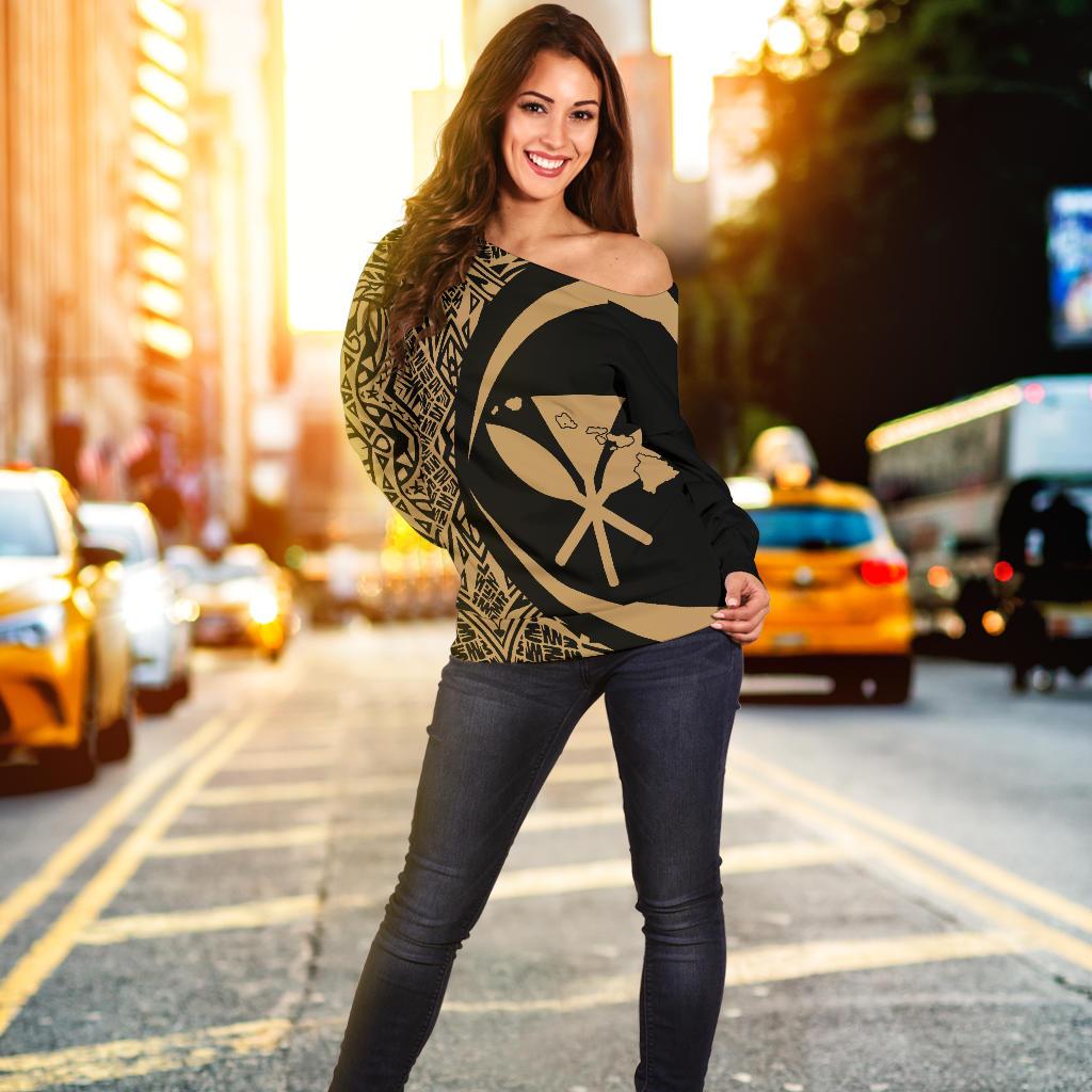 Kanaka Hawaii Map Gold Polynesian Off Shoulder Sweater - Circle Style - Polynesian Pride