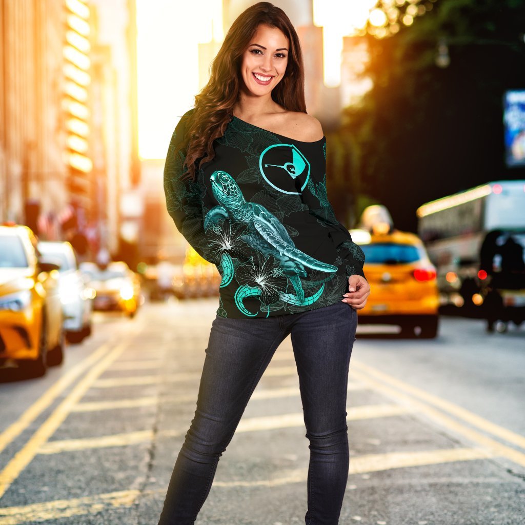 Yap Polynesian Women's Off Shoulder Sweater - Turtle With Blooming Hibiscus Turquoise - Polynesian Pride