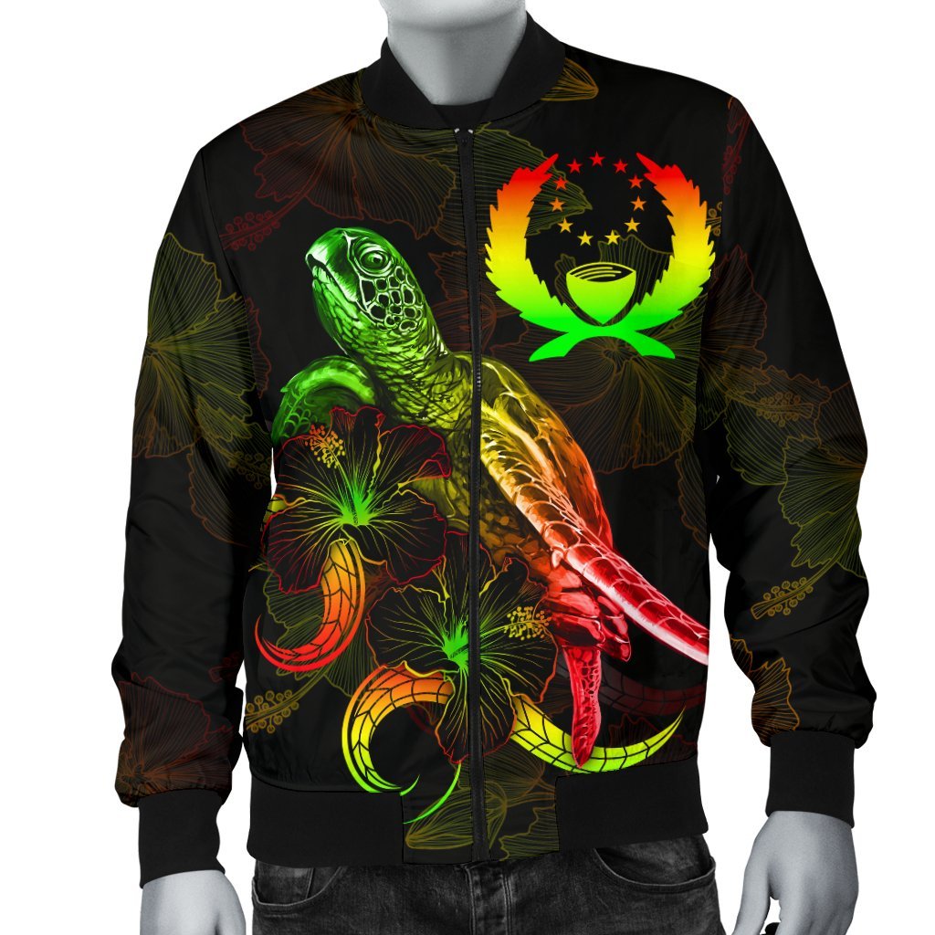 Pohnpei Polynesian Men's Bomber Jacket - Turtle With Blooming Hibiscus Reggae - Polynesian Pride