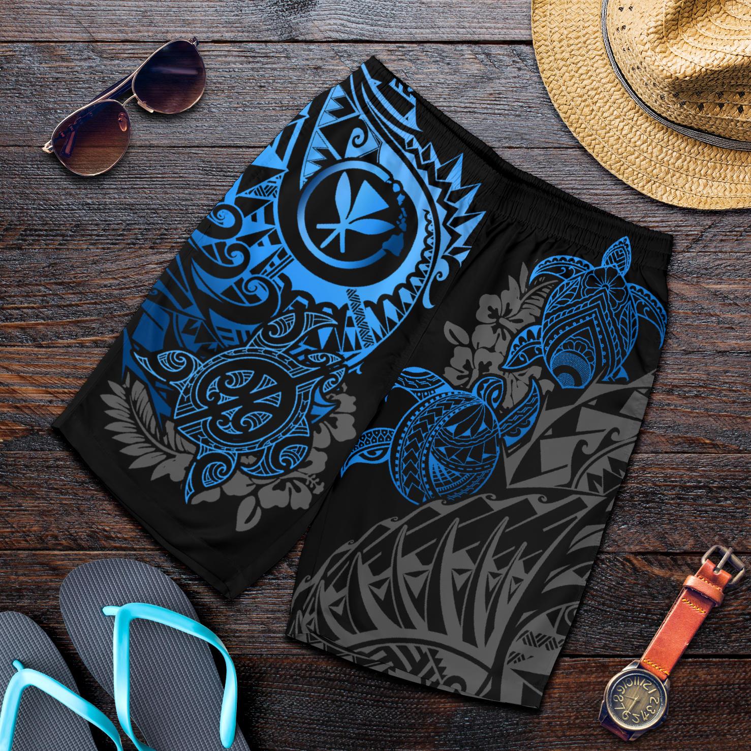 Polynesian Hawaii (Kanaka Maoli) Men's Short - Blue Turtle Hibiscus Flowing Blue - Polynesian Pride