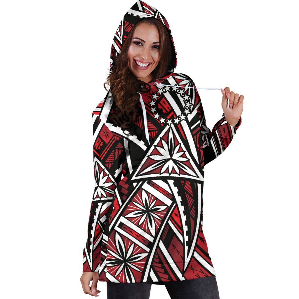 Cook Islands Women's Hoodie Dress - Tribal Flower Special Pattern Red Color - Polynesian Pride