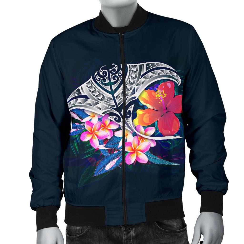 Polynesian Men's Bomber Jacket - Manta Ray And Hibiscus - Polynesian Pride
