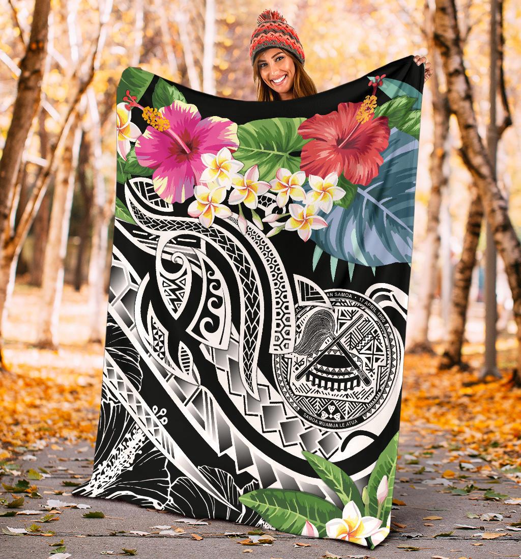 Polynesian American Samoa Premium Blanket - Summer Plumeria (Black) - Polynesian Pride