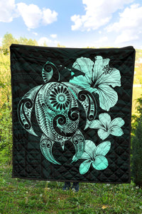 Hibiscus Plumeria Mix Polynesian Turquoise Turtle Premium Quilt - Polynesian Pride