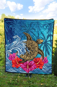 Hawaii Sea Turtle Hibiscus Coconut Tree Premium Quilt - Polynesian Pride