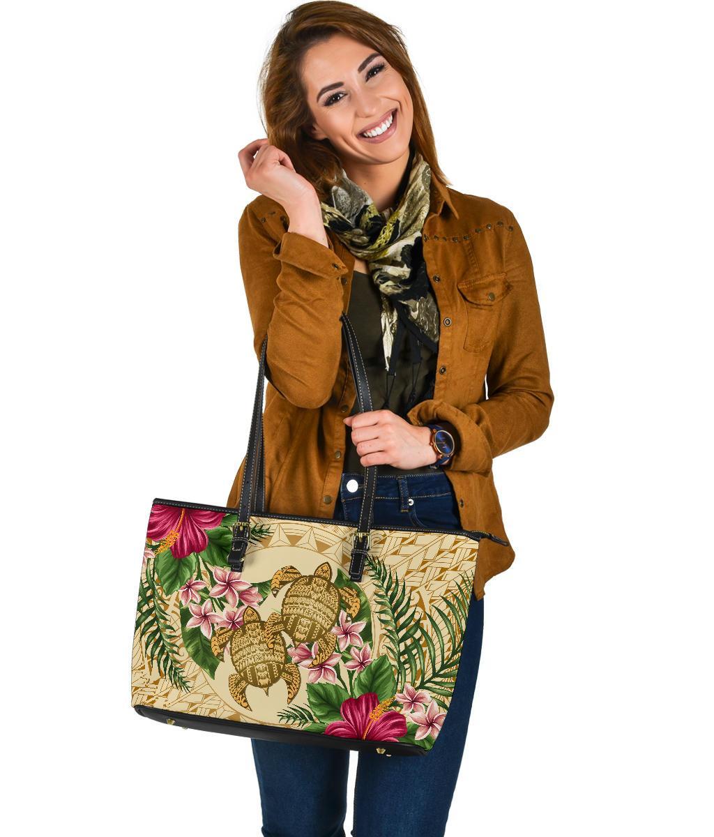 Hawaii Leather Tote - Turtle Strong Pattern Hibiscus Plumeria AH - Polynesian Pride