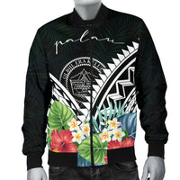 Palau Men's Bomber Jacket - Palau Caledonia Coat of Arms & Polynesian Tropical Flowers White - Polynesian Pride