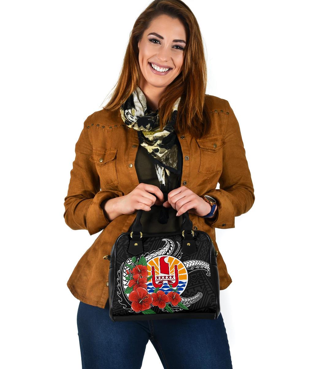 Tahiti Polynesian Shoulder Handbag - Hibiscus Coat of Arm Black - Polynesian Pride