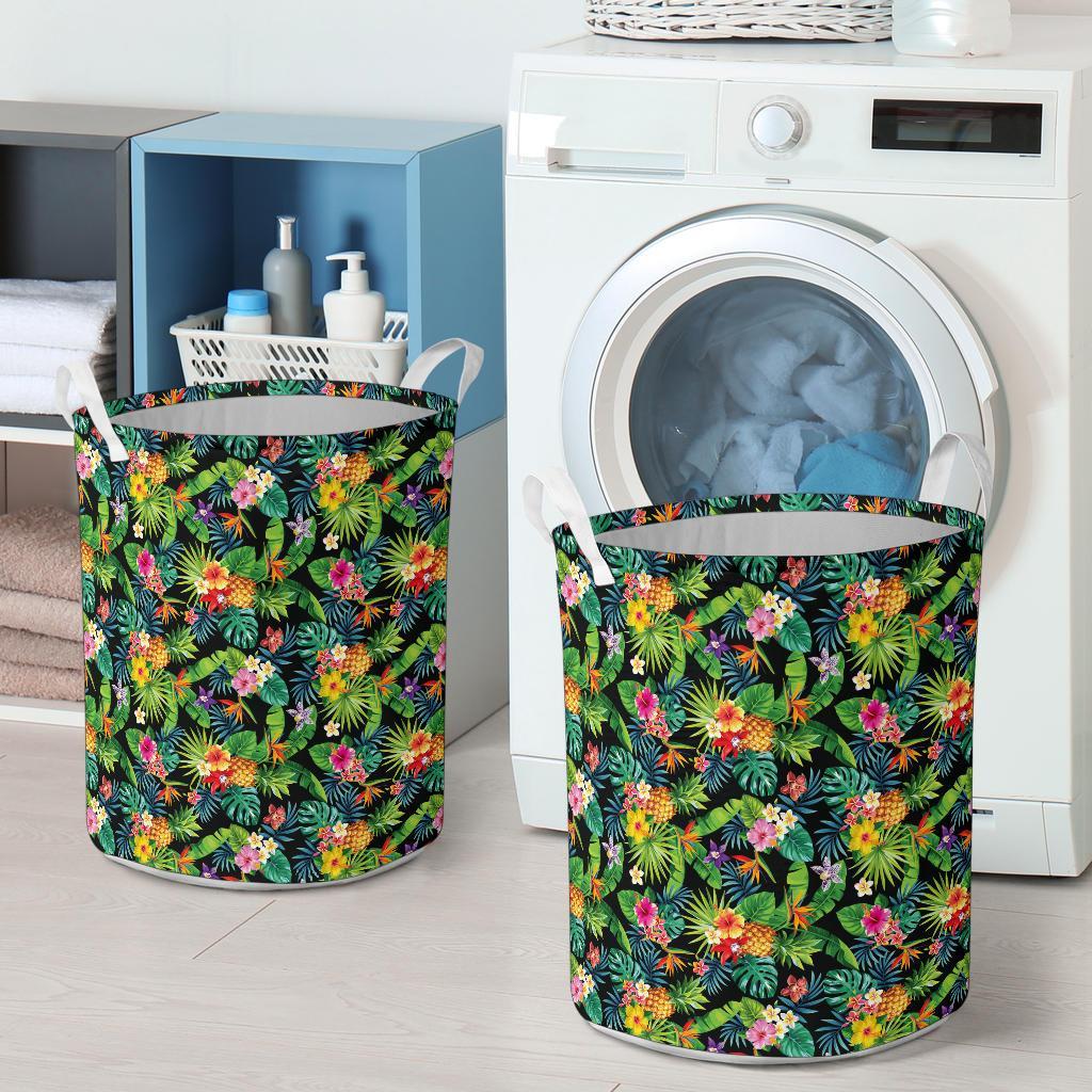 Tropical Pattern With Pineapples Palm Leaves And Flowers Hawaii Laundry Basket AH - Polynesian Pride