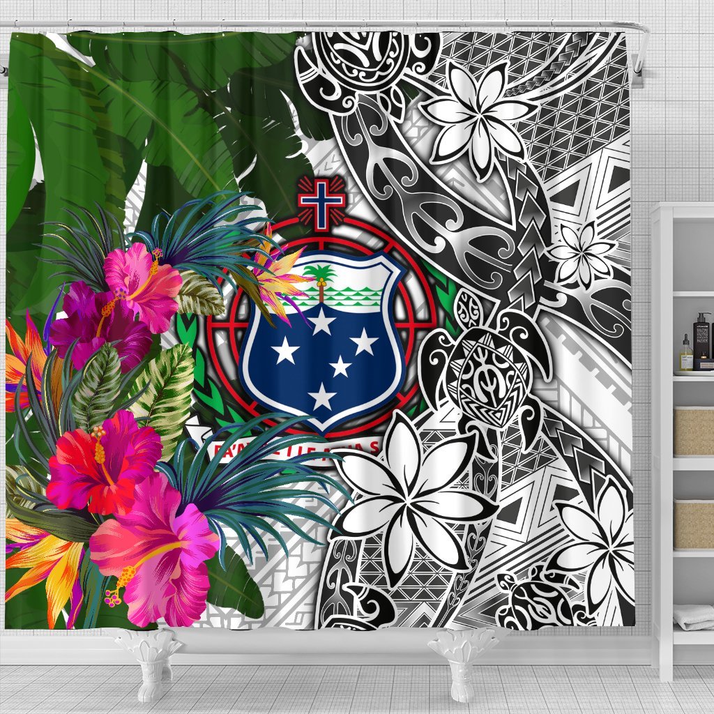 Samoa Shower Curtain White - Turtle Plumeria Banana Leaf - Polynesian Pride