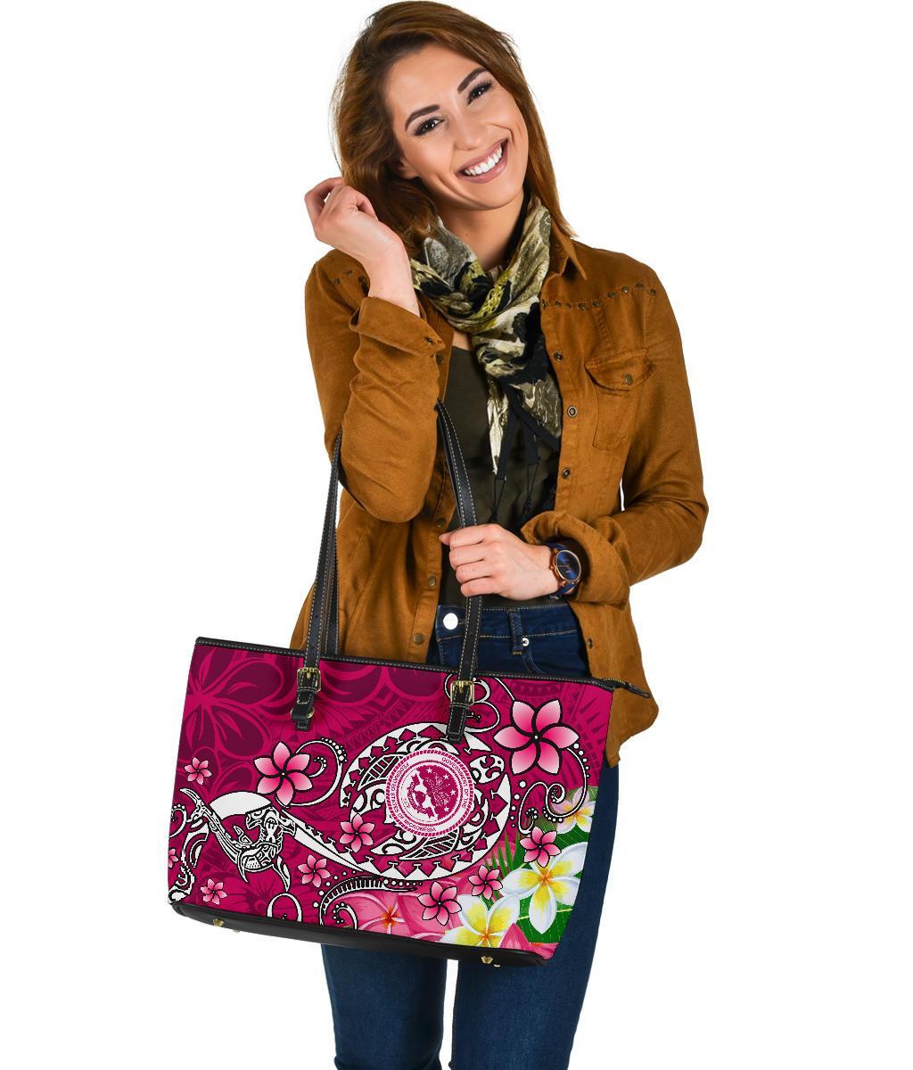 FSM Large Leather Tote Bag - Turtle Plumeria (PINLK) - Polynesian Pride
