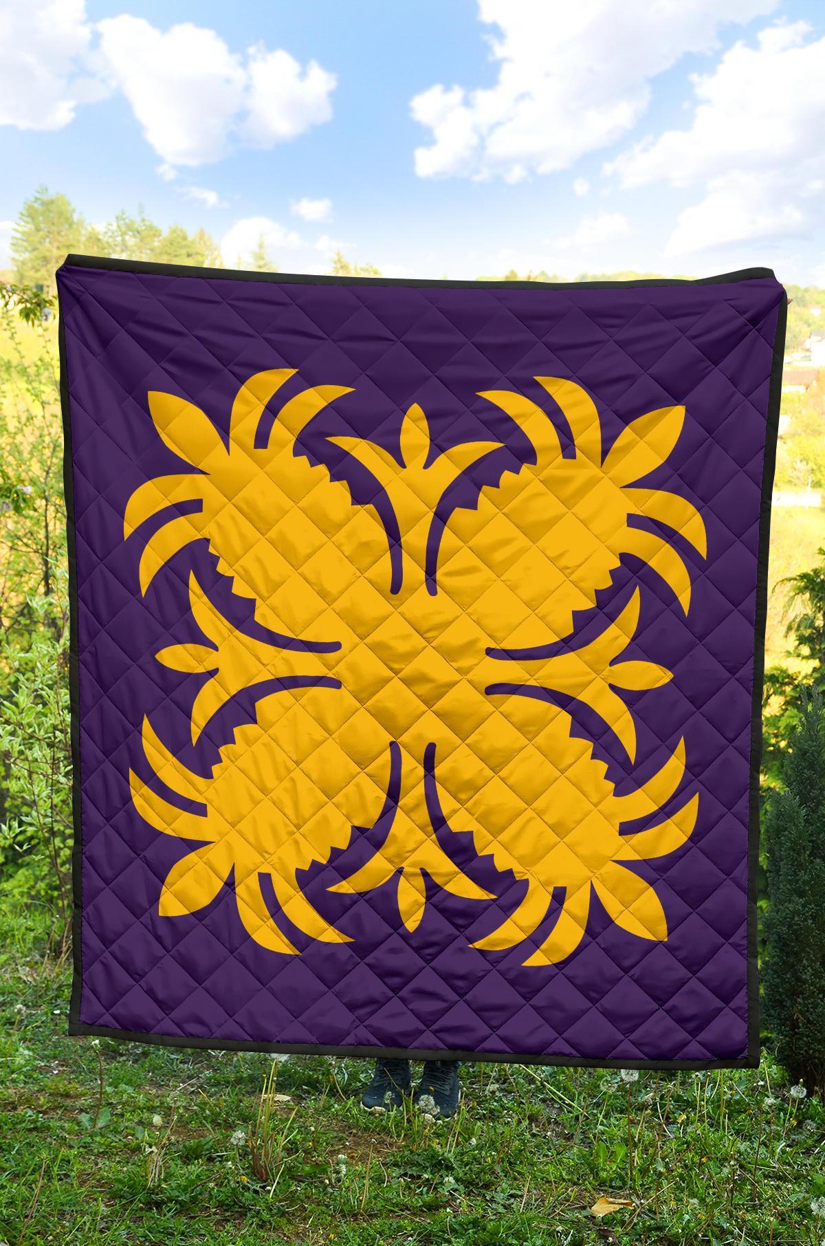 Hawaiian Premium Quilt Royal Pattern - Purple And Gold - A2 Style - Polynesian Pride