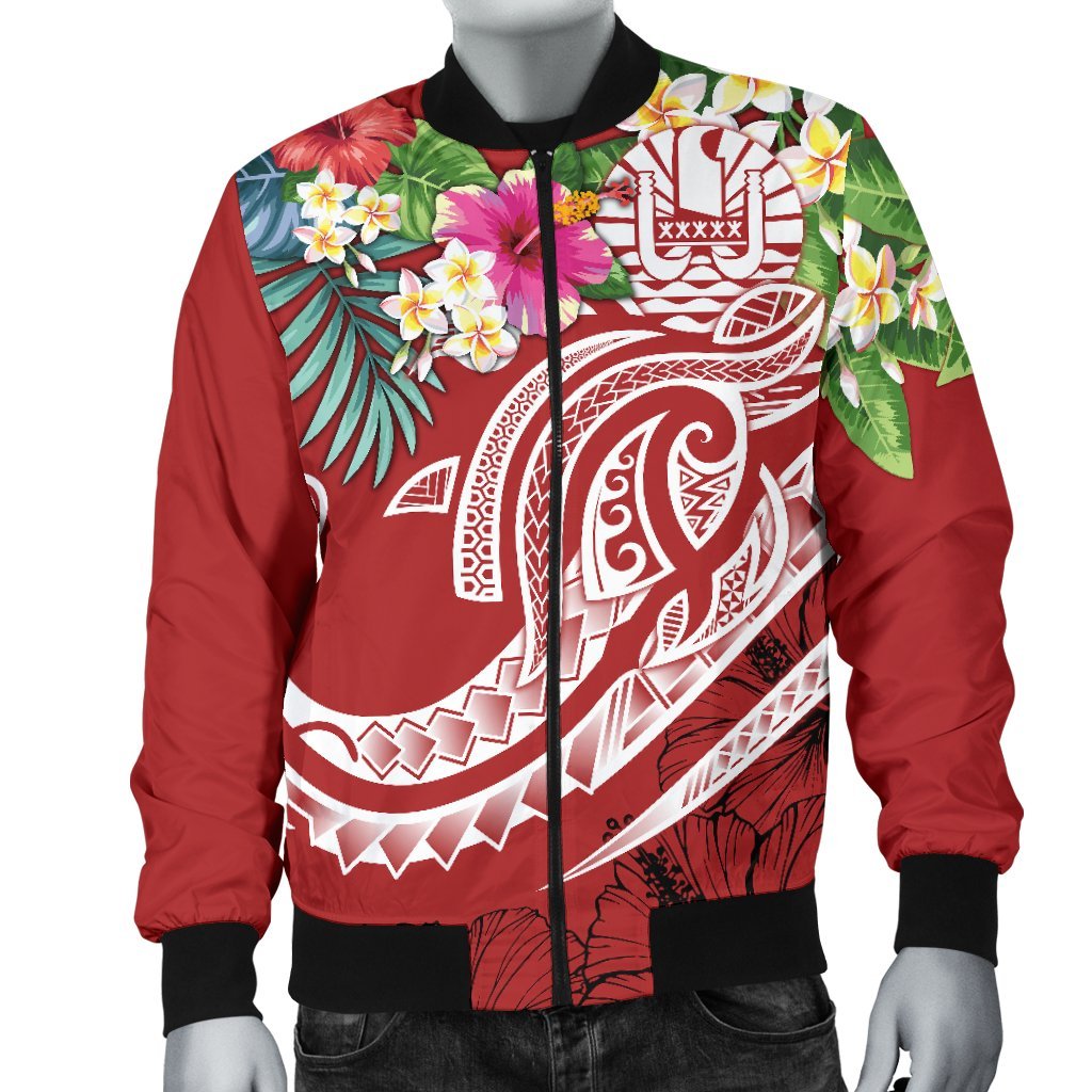 Tahiti Polynesian Men's Bomber Jacket - Summer Plumeria (Red) - Polynesian Pride