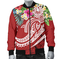 Tahiti Polynesian Men's Bomber Jacket - Summer Plumeria (Red) - Polynesian Pride