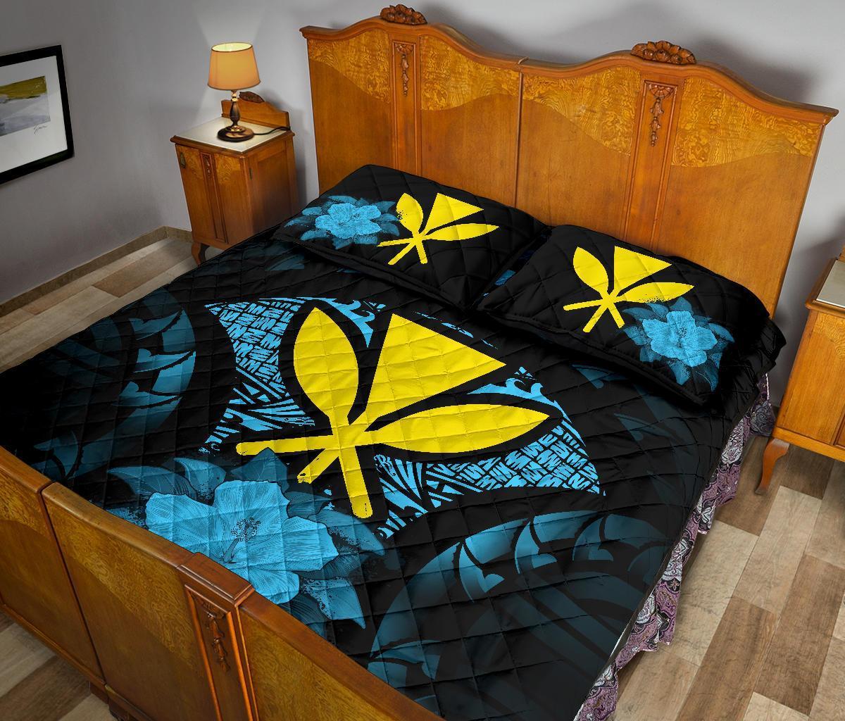 Kanaka Maoli (Hawaii) Polynesian Quilt Bed Set Hibiscus Blue - Polynesian Pride