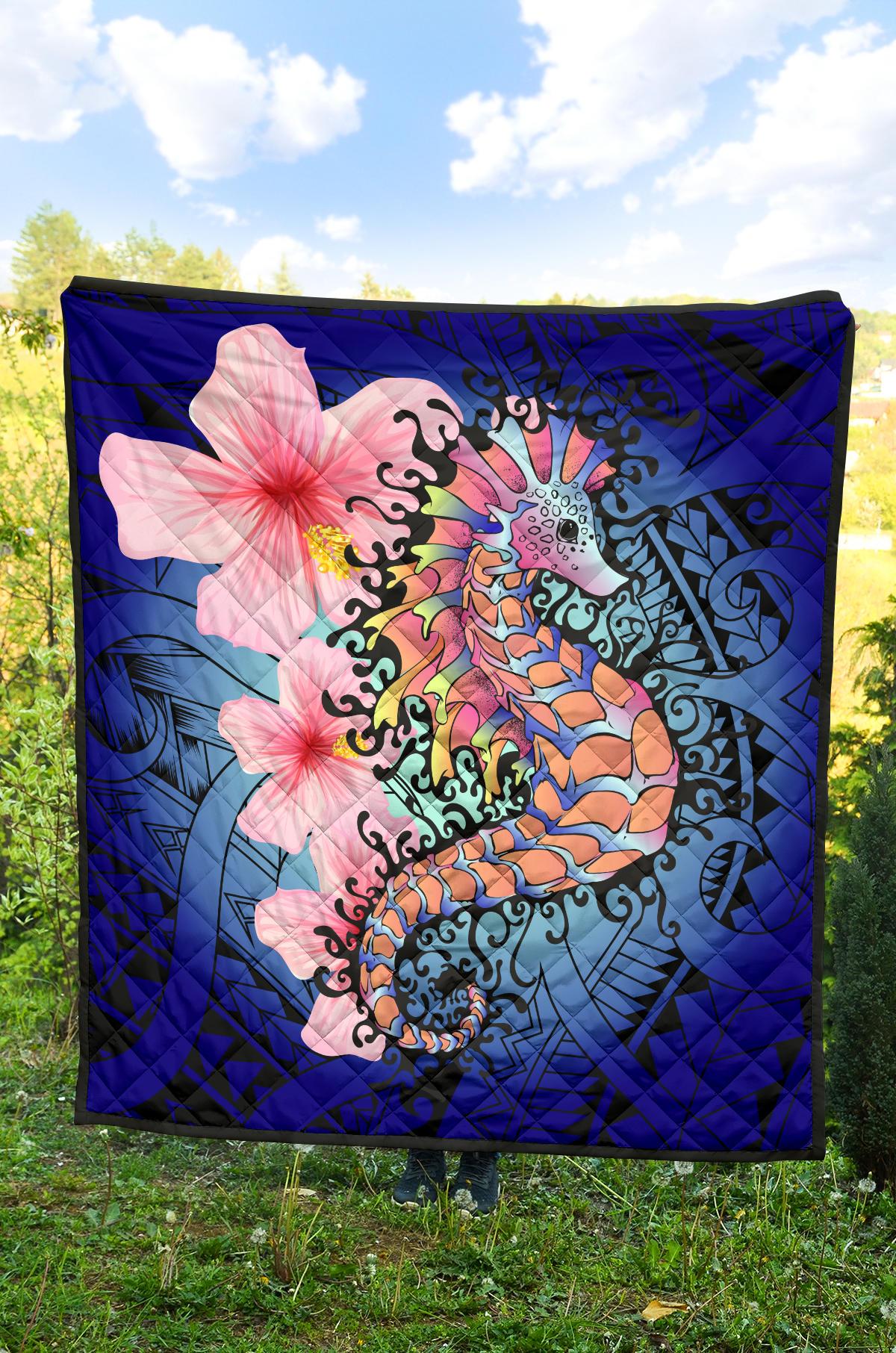 Hawaii Polynesian Pink Hibiscus Seahorse Premium Quilt - Polynesian Pride