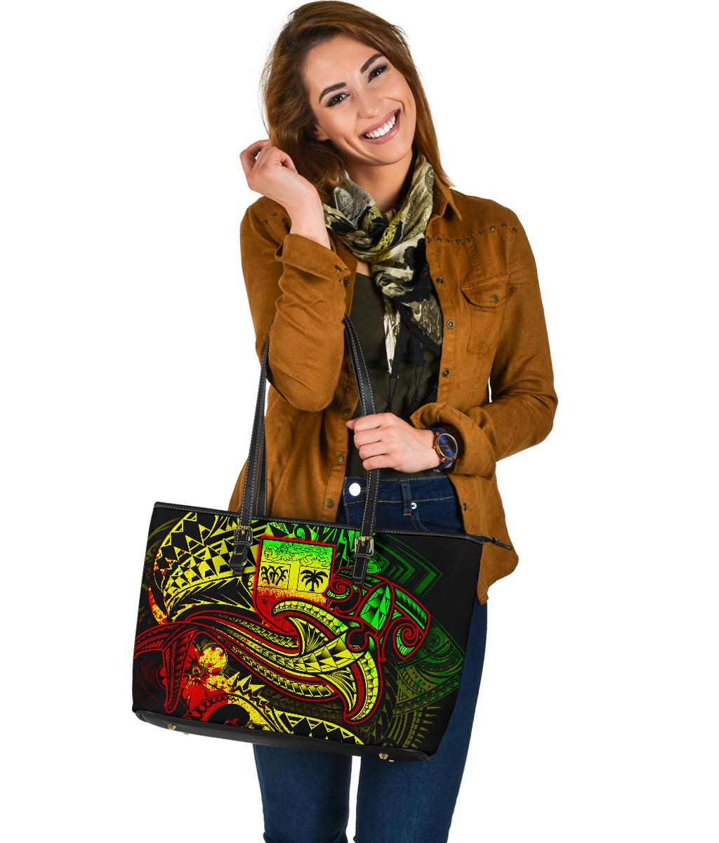 Fiji Large Leather Tote Bag - Reggae Shark Polynesian Tattoo - Polynesian Pride