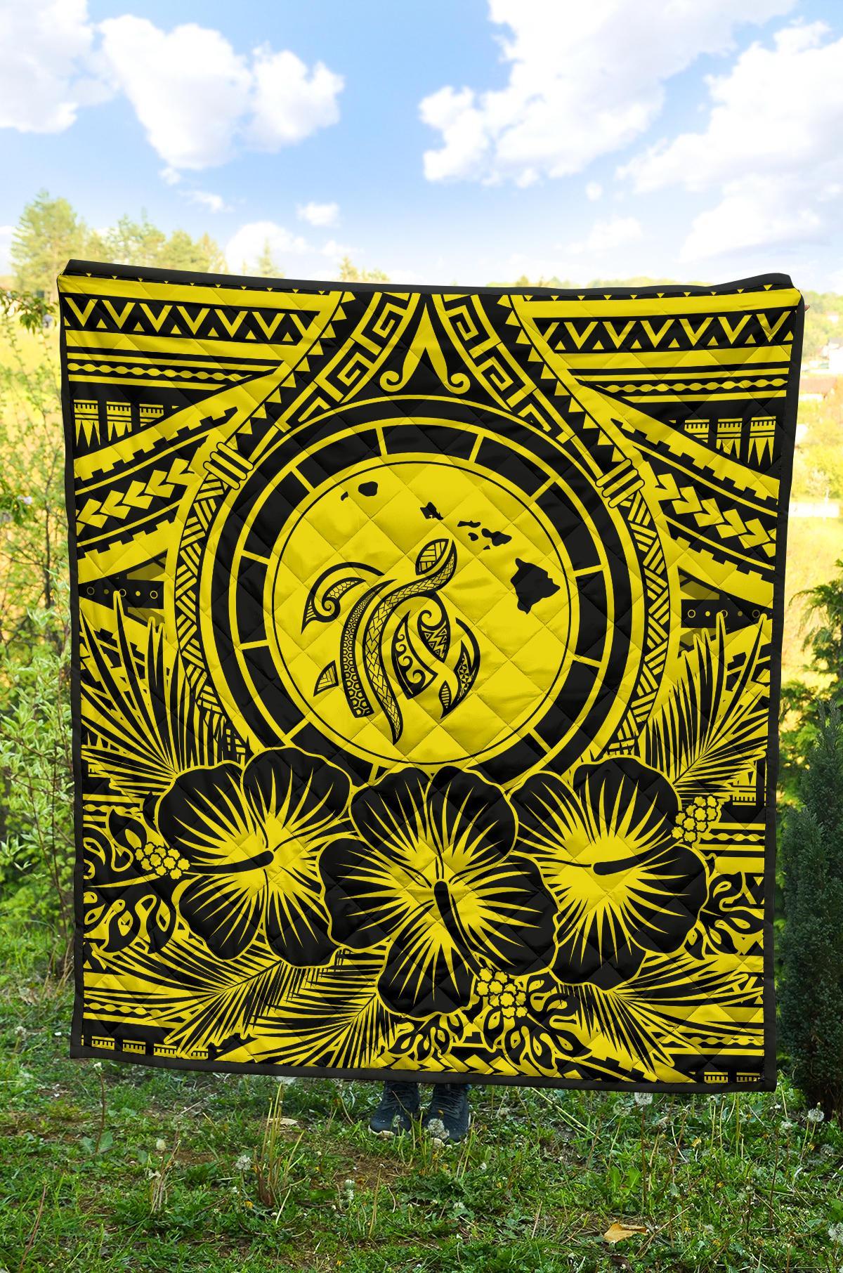Hawaii Premium Quilt - Hawaii Map Honu Hibiscus Yellow Polynesian Premium Quilt - Polynesian Pride