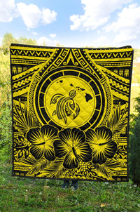 Hawaii Premium Quilt - Hawaii Map Honu Hibiscus Yellow Polynesian Premium Quilt - Polynesian Pride