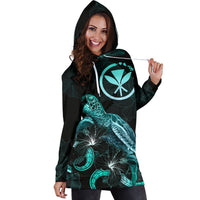 Hawaii Polynesian Hoodie Dress - Turtle With Blooming Hibiscus Turquoise - Polynesian Pride