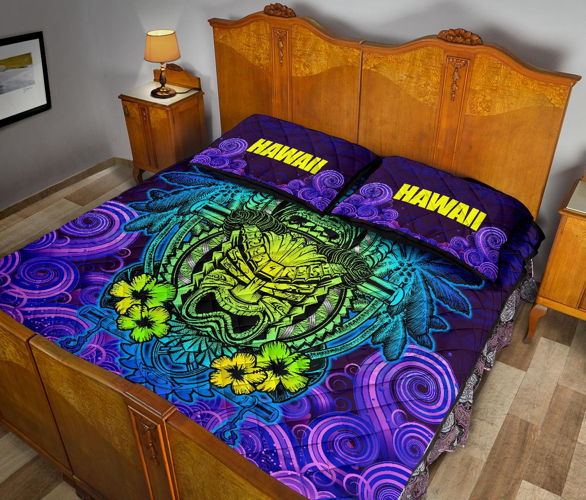 Hawaii Polynesian Quilt Bed Set - Hawaiian Green Yellow Tiki Face Purple Version - Polynesian Pride