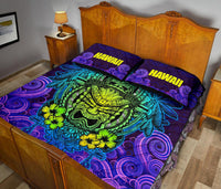 Hawaii Polynesian Quilt Bed Set - Hawaiian Green Yellow Tiki Face Purple Version - Polynesian Pride