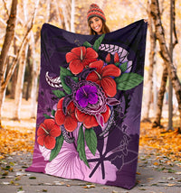 Polynesian Hawaii Premium Blanket - Purple Hibiscus Turtle Flowing - Polynesian Pride