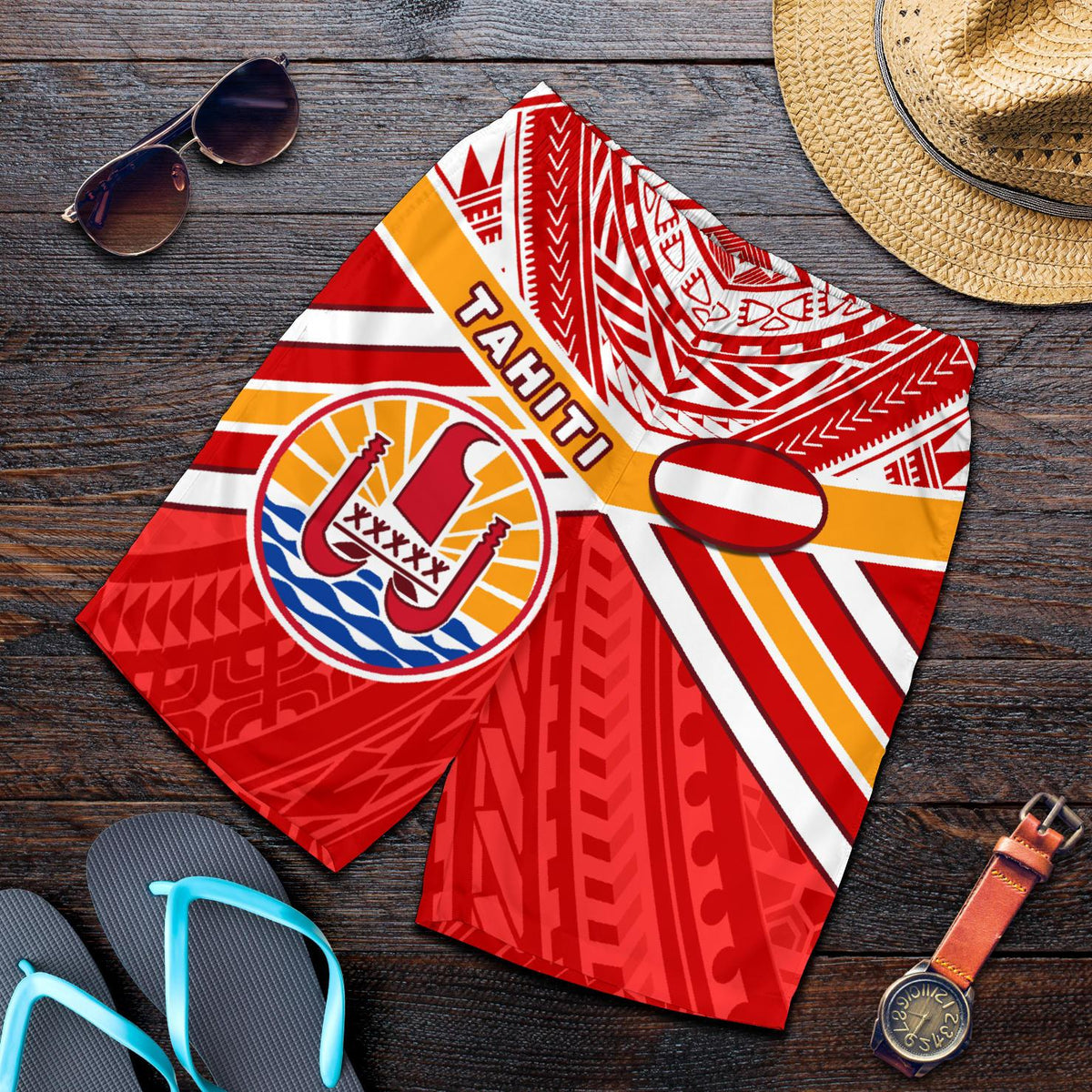 Tahiti Rugby Men Shorts Polynesian Coat Of Arms and Flag - Polynesian Pride