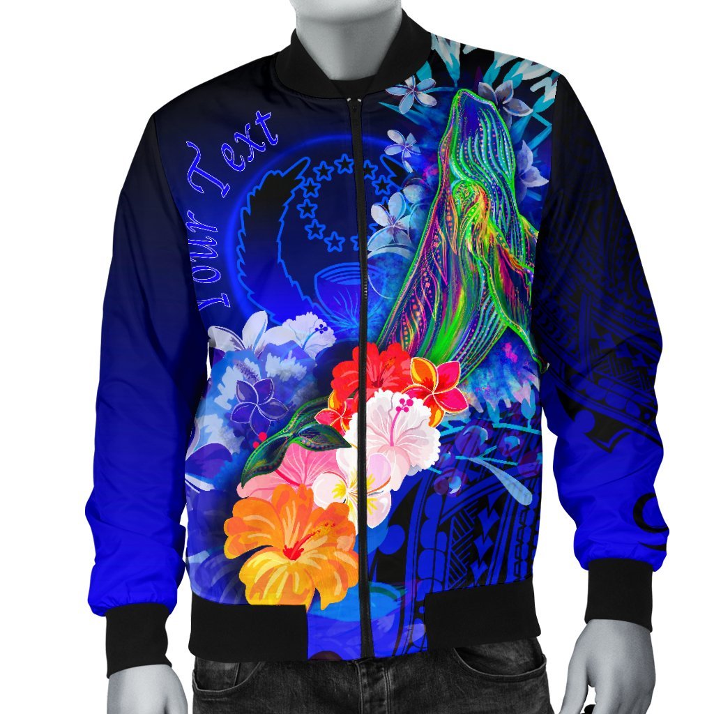 Pohnpei Custom Personalised Men's Bomber Jacket - Humpback Whale with Tropical Flowers (Blue) - Polynesian Pride