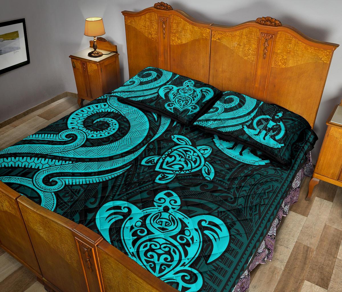 Vanuatu Quilt Bed Set - Turquoise Tentacle Turtle - Polynesian Pride
