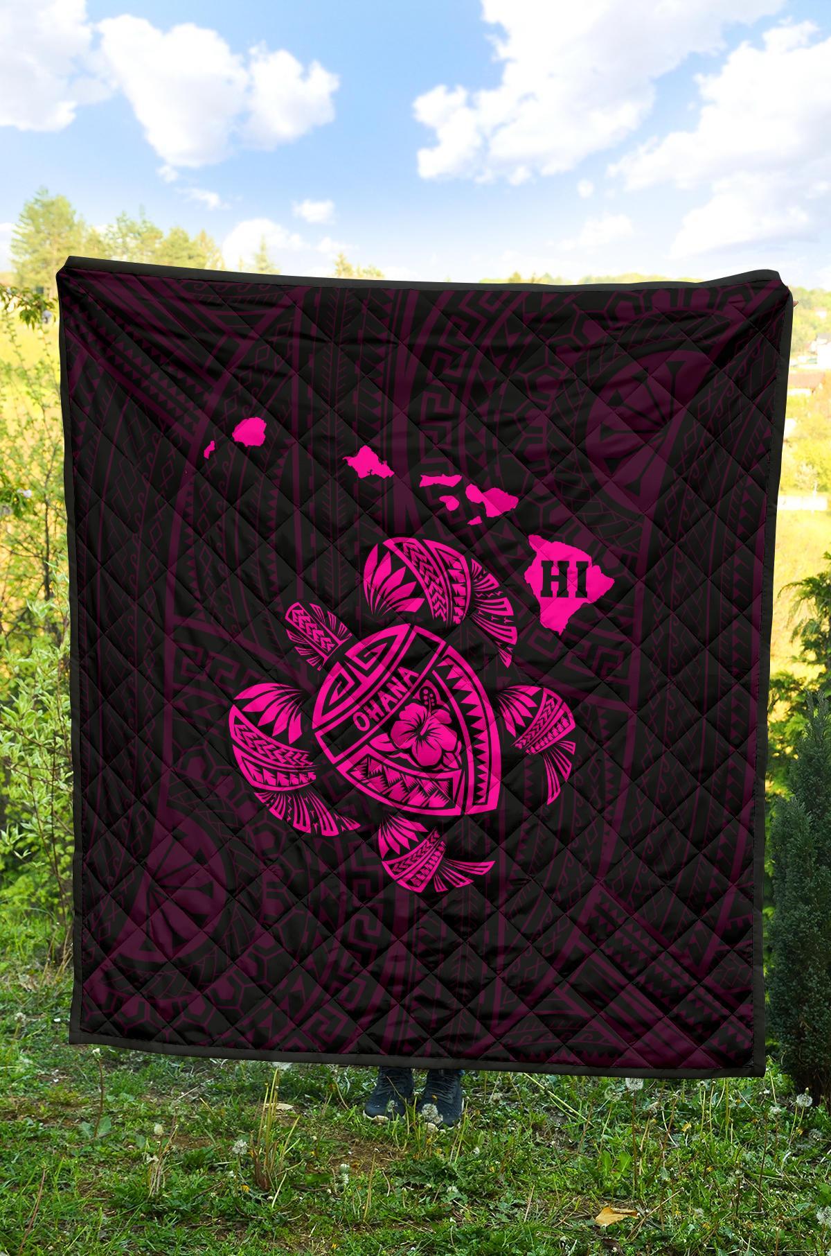 Hawaii Turtle Hibicus Map Premium Quilt - Pink - Polynesian Pride