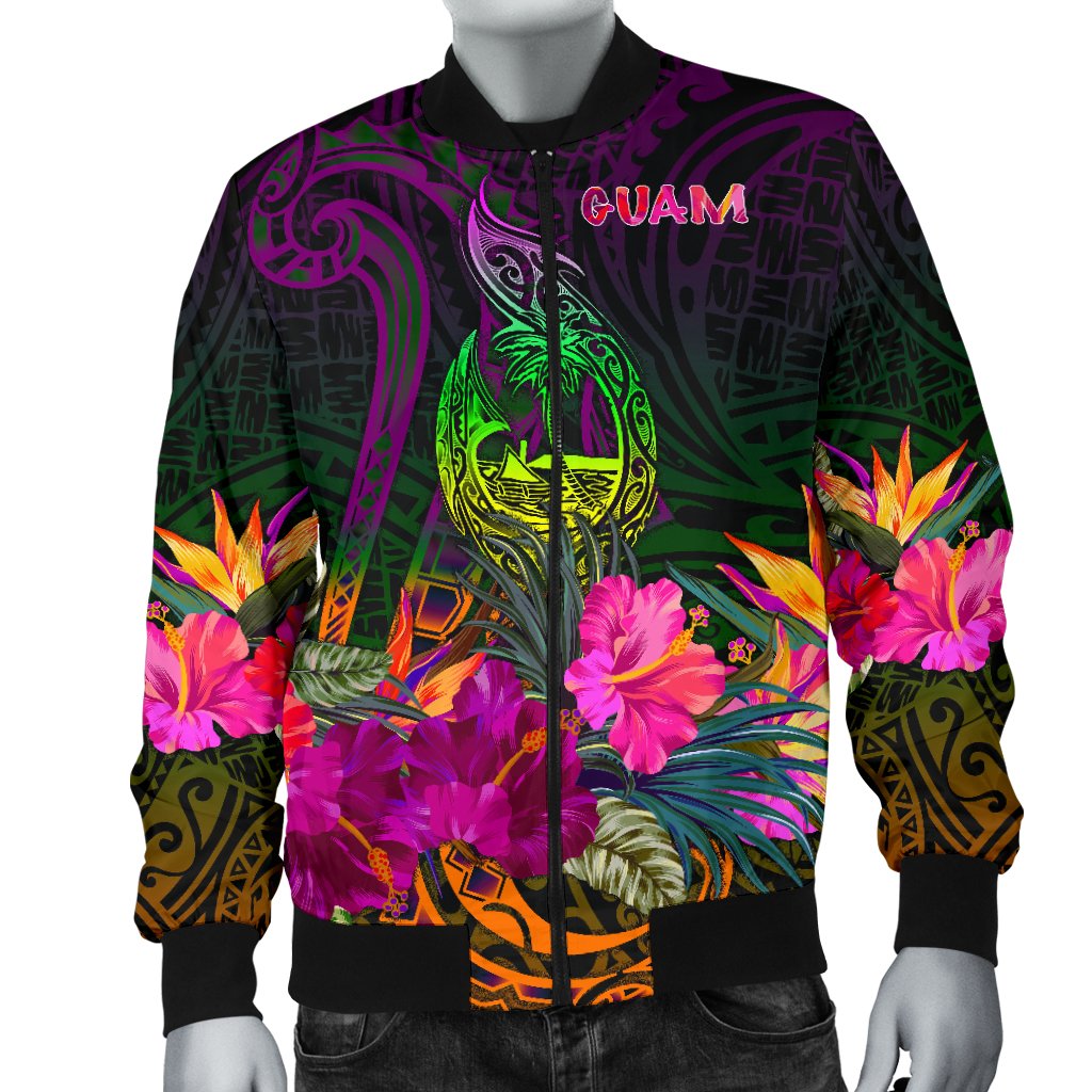 Guam Polynesian Men's Bomber Jacket - Summer Hibiscus - Polynesian Pride
